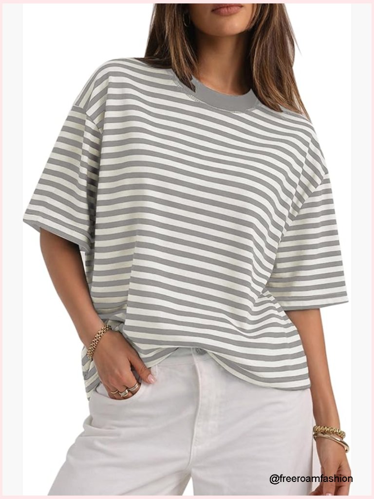 Oversized Striped Short Sleeve Crewneck Tee Y2k Summer Casual Top